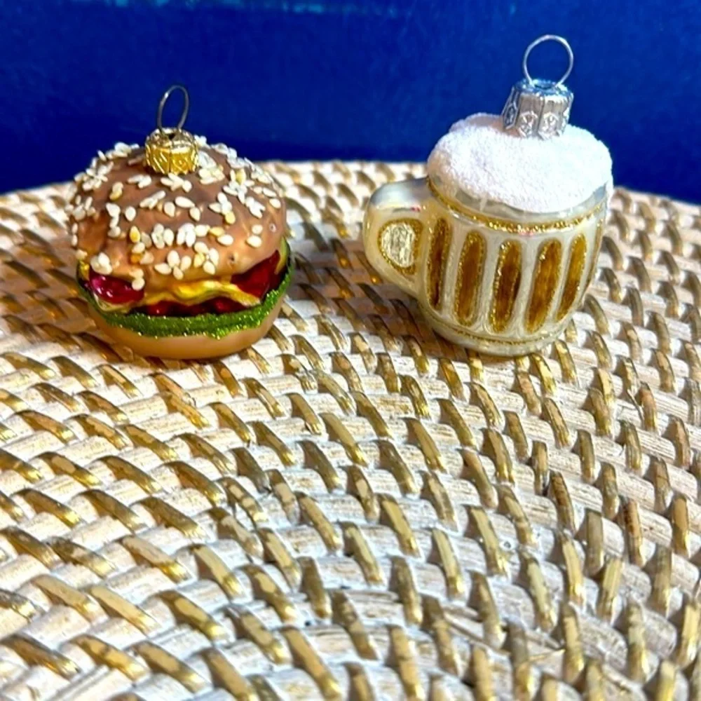 Vintage Handblown & Hand painted Beer & Cheeseburger Christmas Ornaments